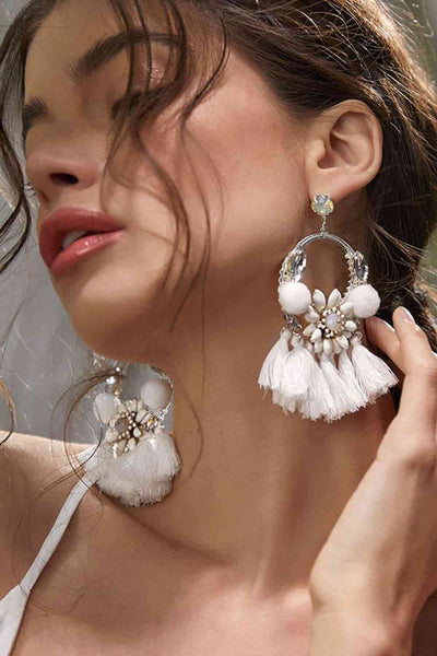 Tassel Detail Dangle Earrings
Style: Ethnic
Material: Iron, Acrylic, Cotton cord
Care: Avoid wearing during exercise, as sweat will react with the jewelry to produce silver chloride and copper s